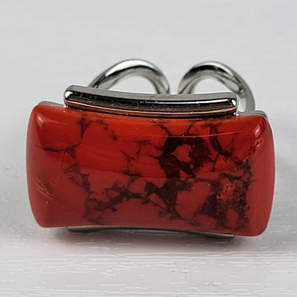 Red Rectangle Natural Stone Ring Size 7 Silver-Tone Adjustable Cocktail